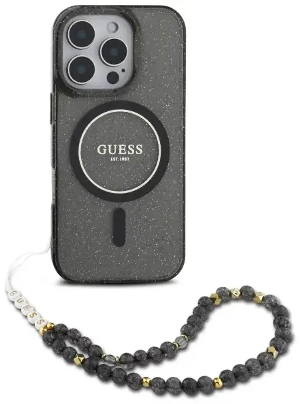 GUESS IML Glitter Transparent Back Case with Pearl Strap for iPhone 16 Pro I 16 Pro Max