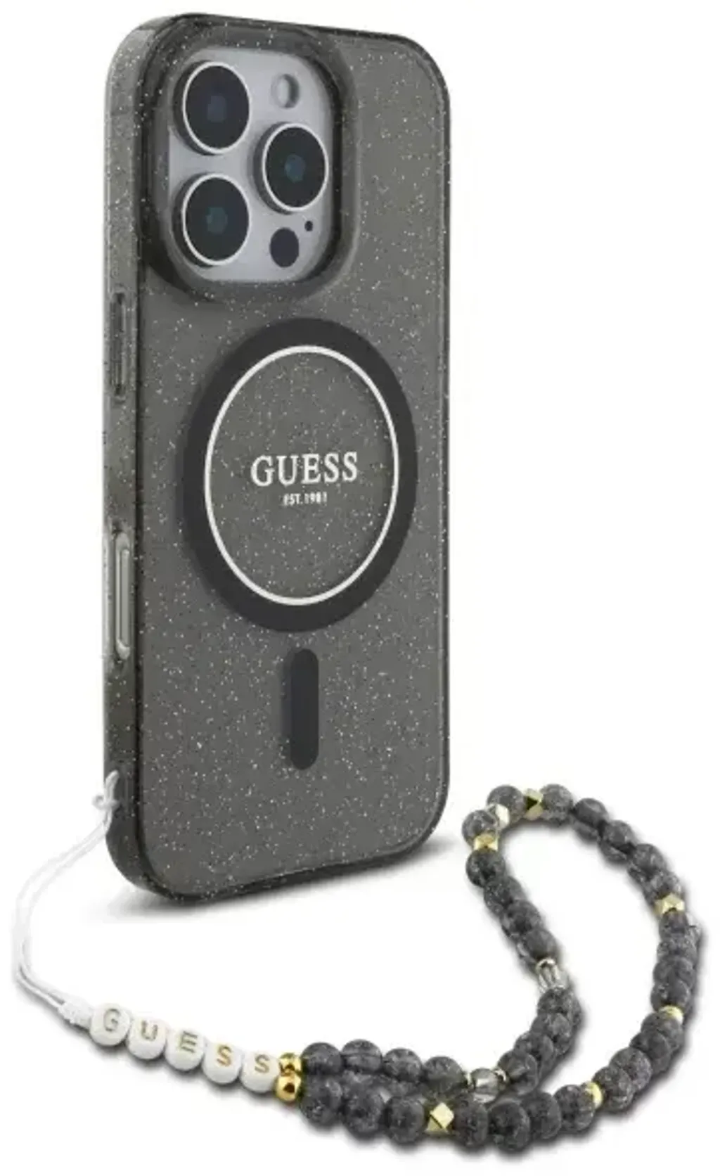 GUESS IML Glitter Transparent Back Case with Pearl Strap for iPhone 16 Pro I 16 Pro Max