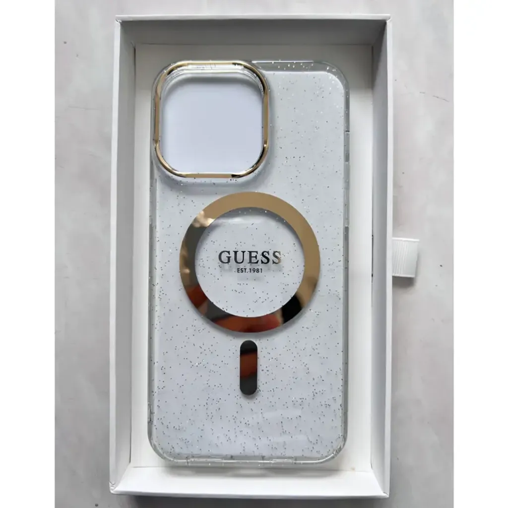 Guess Glitter Transparent Back Case with Magnetic Charging for iPhone 16 Series