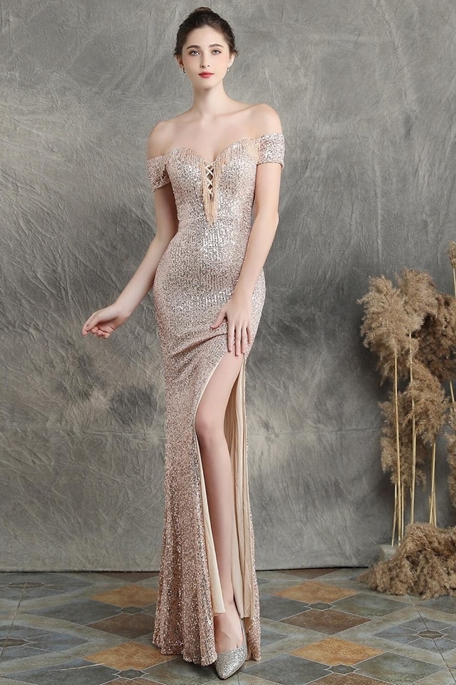 off shoulder gold gown