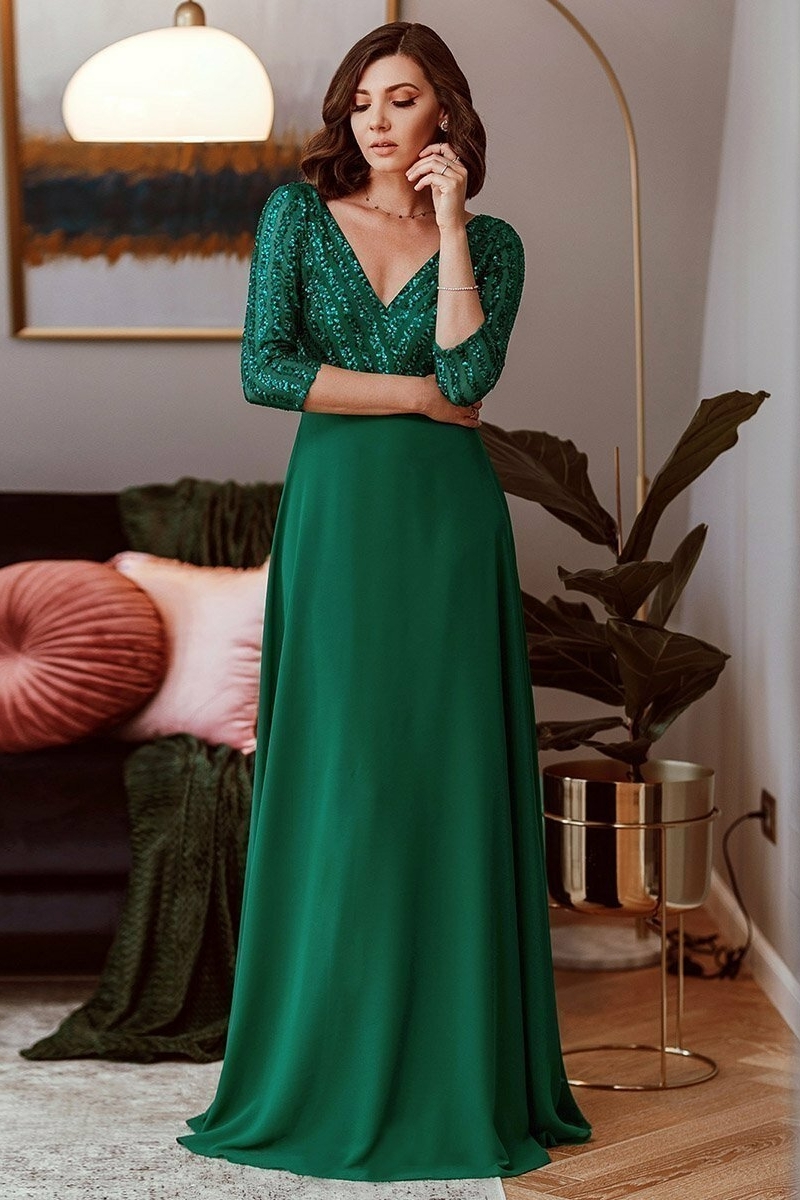 MTO] Plus Size 3/4 Sleeve V Neck A-Line Sequin Evening Dresses - Dark Green  – Ladies Room Fashion | Malaysia 1st Online & Retail Fashion Boutique