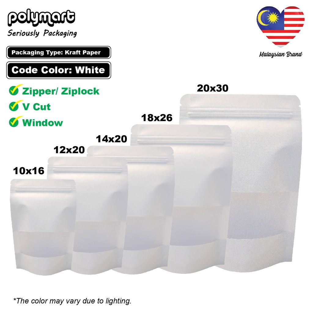 Kraft Stand Pouch with Window WHITE 100Pcs