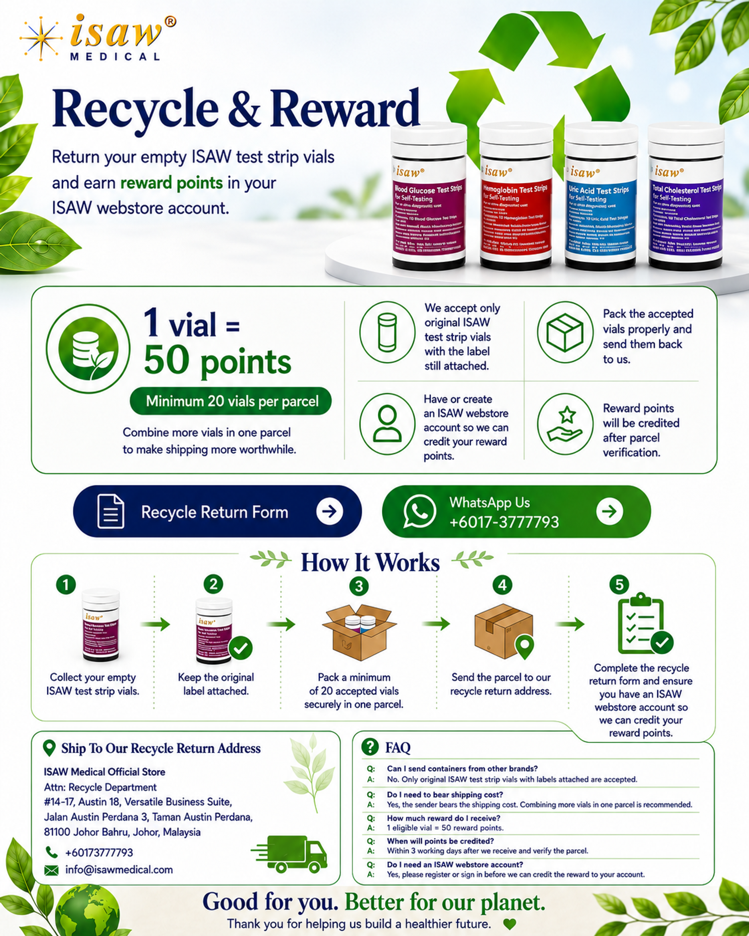 ISAW Recycle and Reward. Return original ISAW test-strip vials with labels attached, minimum 20 vials per parcel, and receive reward Points after verification.
