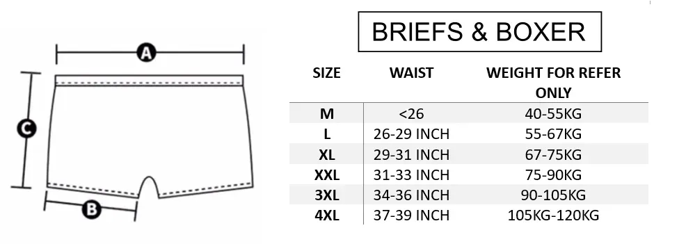 SIZE CHART FOR BRIEFS AND BOXER