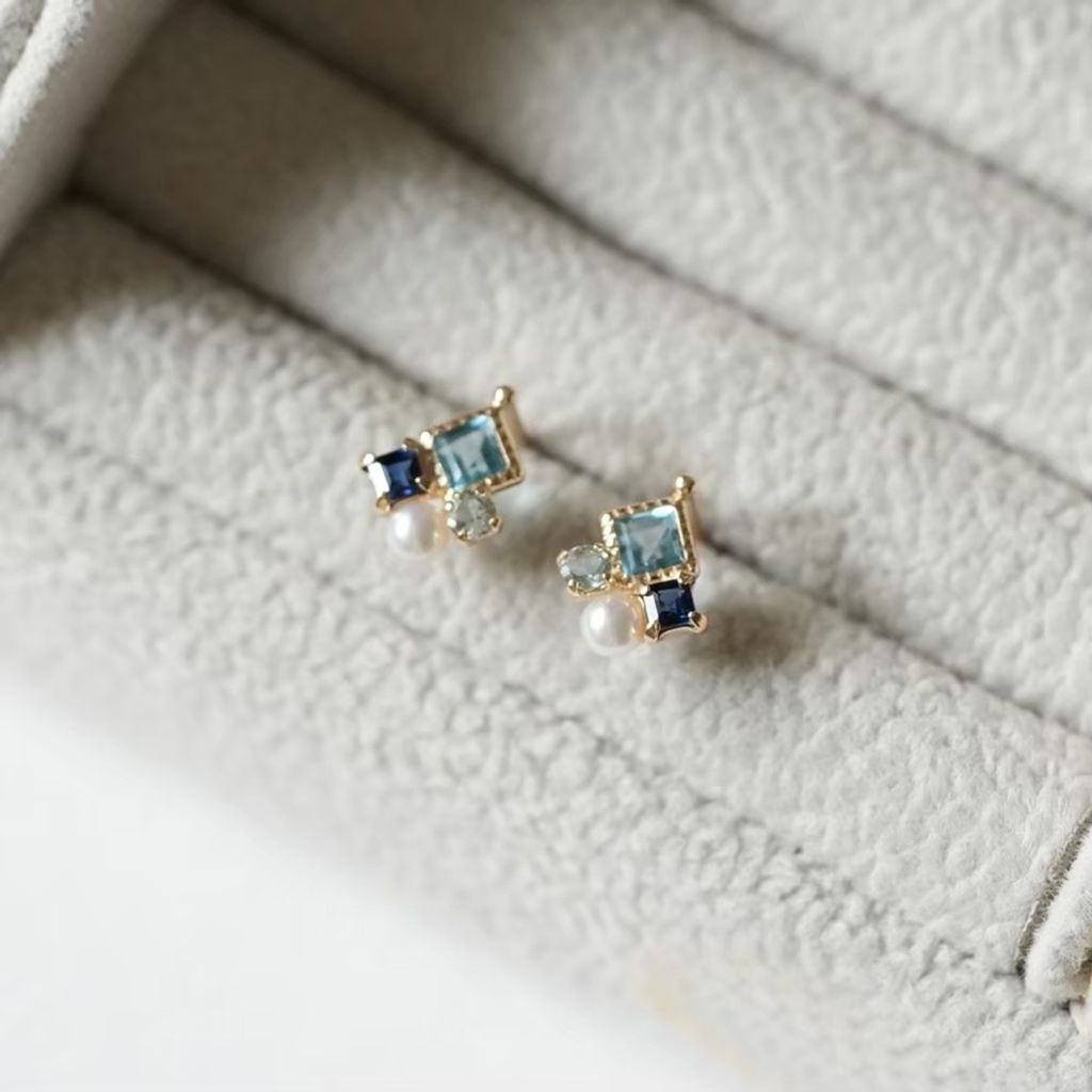 多寶石耳環 藍色系珠