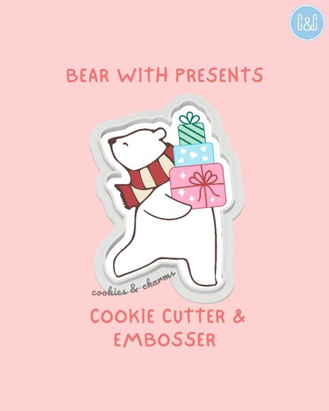 bear with presents cookie cutter embosser 1