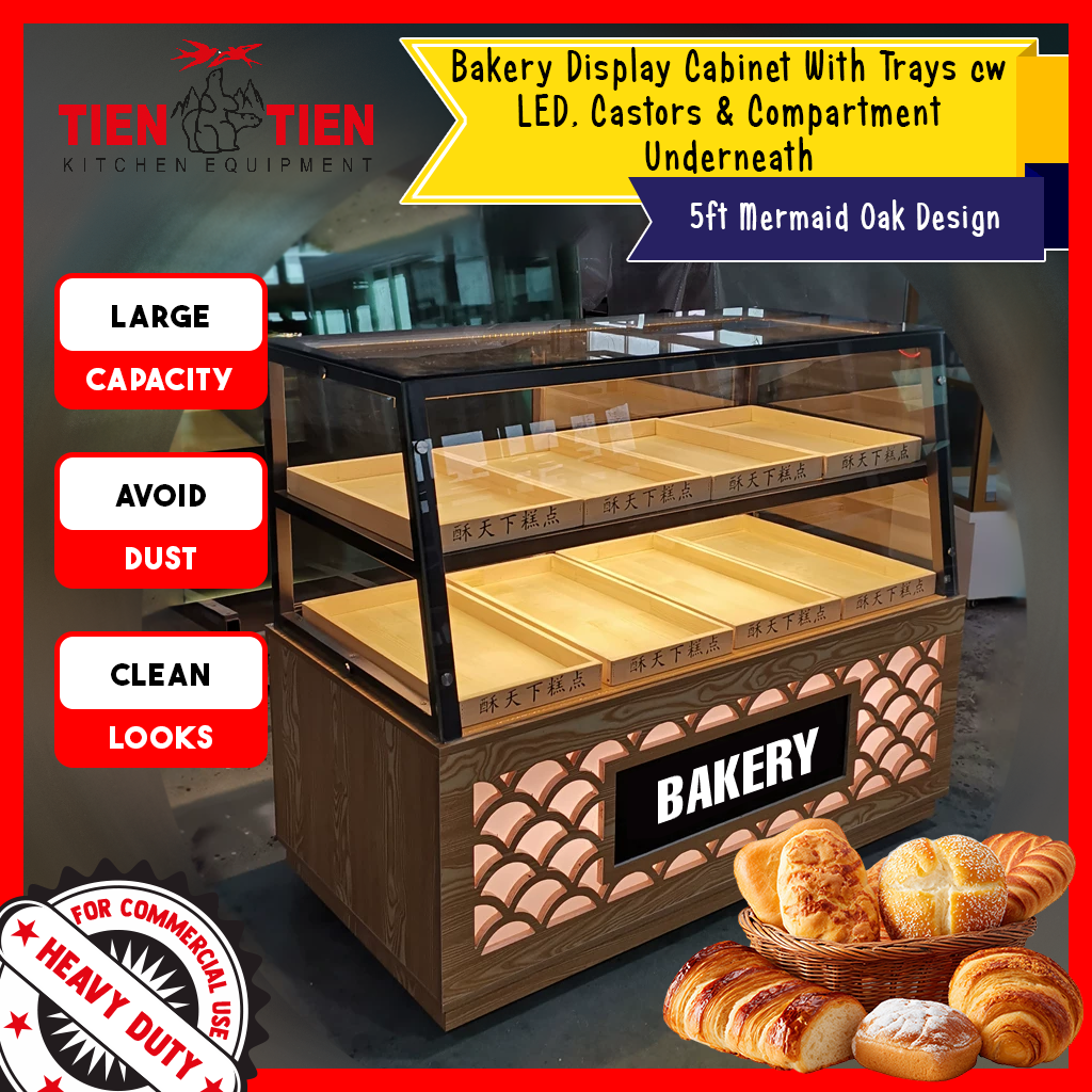 Malaysia-Commercial-Kitchen-Equipment-OT-BK03-5Ft-Mermaid-Oak-Design-Bakery-Display-Cabinet-With Bakery-Trays-1