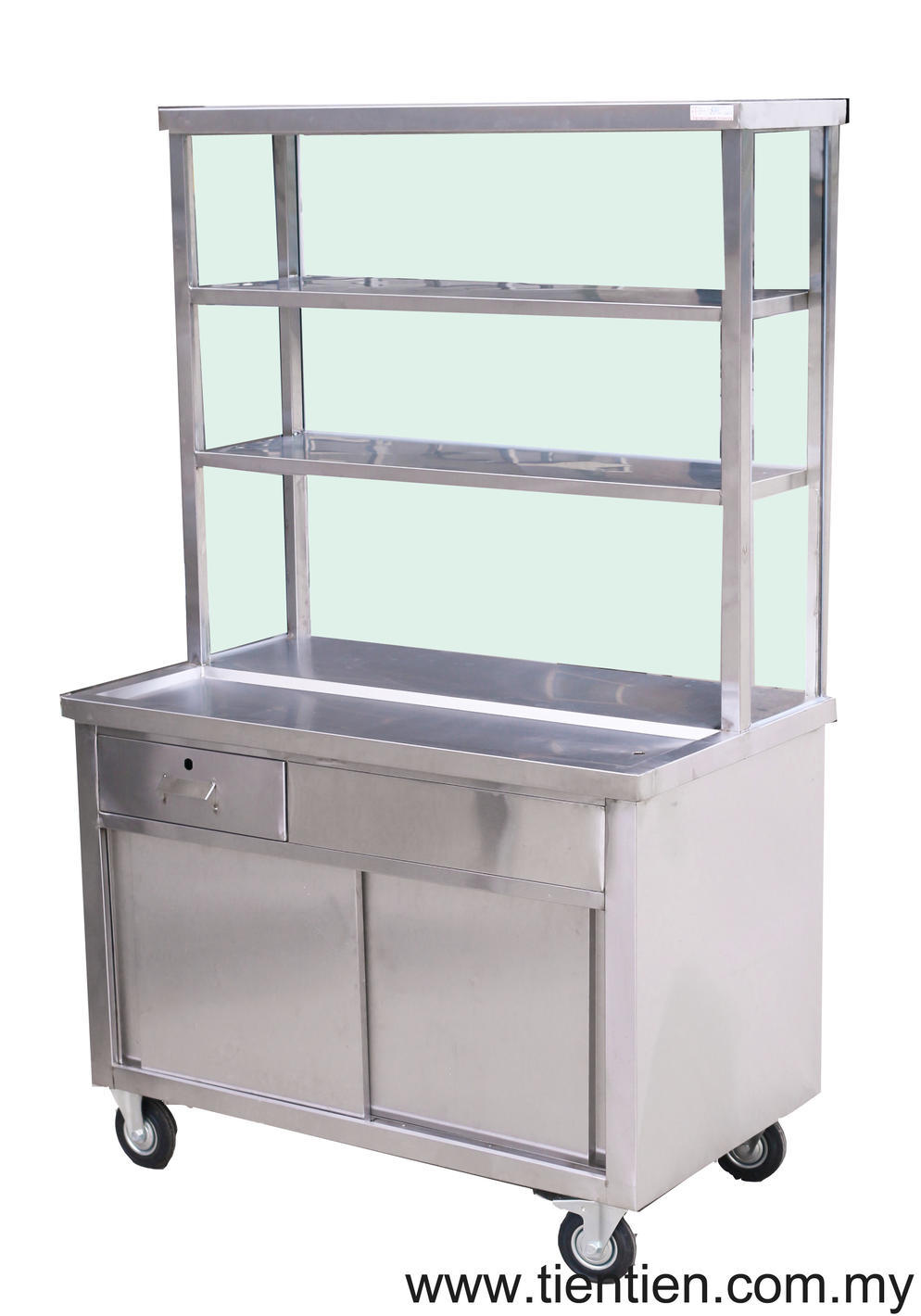 TIEN TIEN Stainless Steel Tea Counter c/w 2 Tier Stainless Steel Glass
