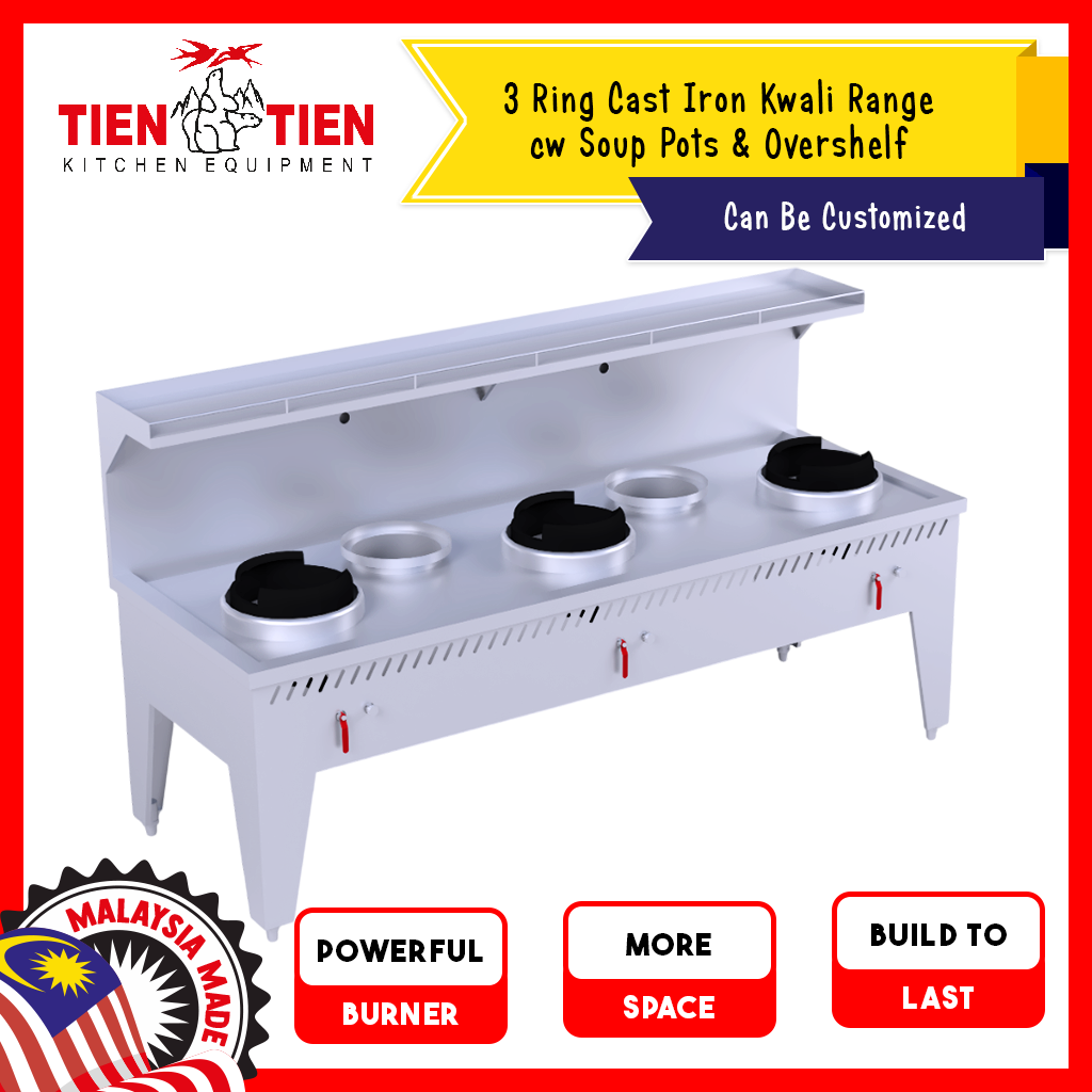 Malaysia-Commercial-Kitchen-Equipment-3-Ring-Cast-Iron-Kwali-Range-cw-Soup-Pots-Overshelf-1