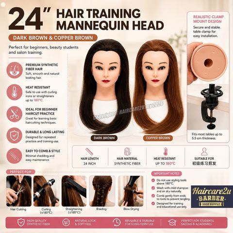 24 Student Professional Hair Training Academy 100% Real Hair Mannequin Head