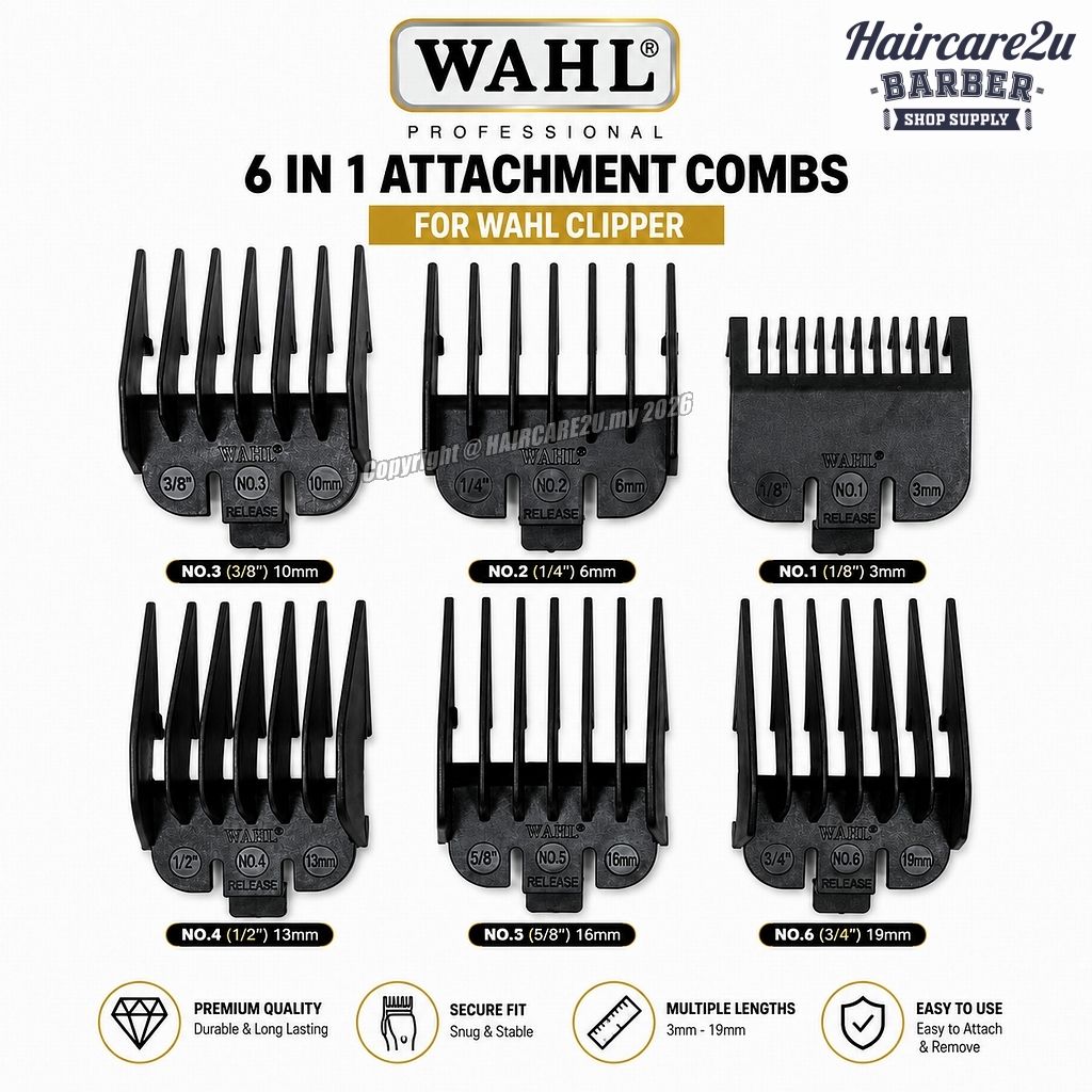 WAHL 6 in 1 Hair Clipper Attachment Guide Combs Set (3mm–19mm) Replacement for Wahl Clipper