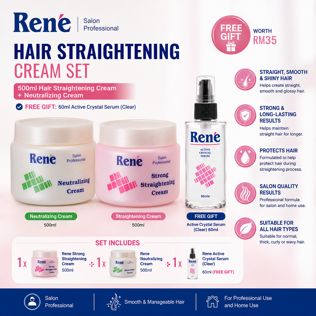 Rene Professional Hair Rebonding Straightening + Neutralizing Cream 500ml x 2 + FREE 60ml Hair Serum