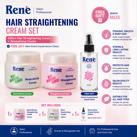Rene Professional Hair Rebonding Straightening + Neutralizing Cream 500ml x 2 + FREE 60ml Hair Serum