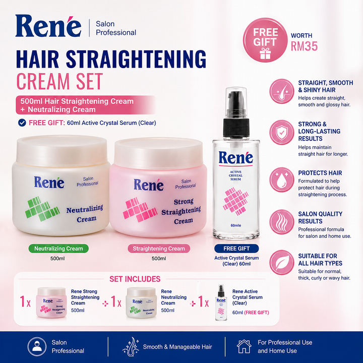 Rene Professional Hair Rebonding Straightening + Neutralizing Cream 500ml x 2 + FREE 60ml Hair Serum
