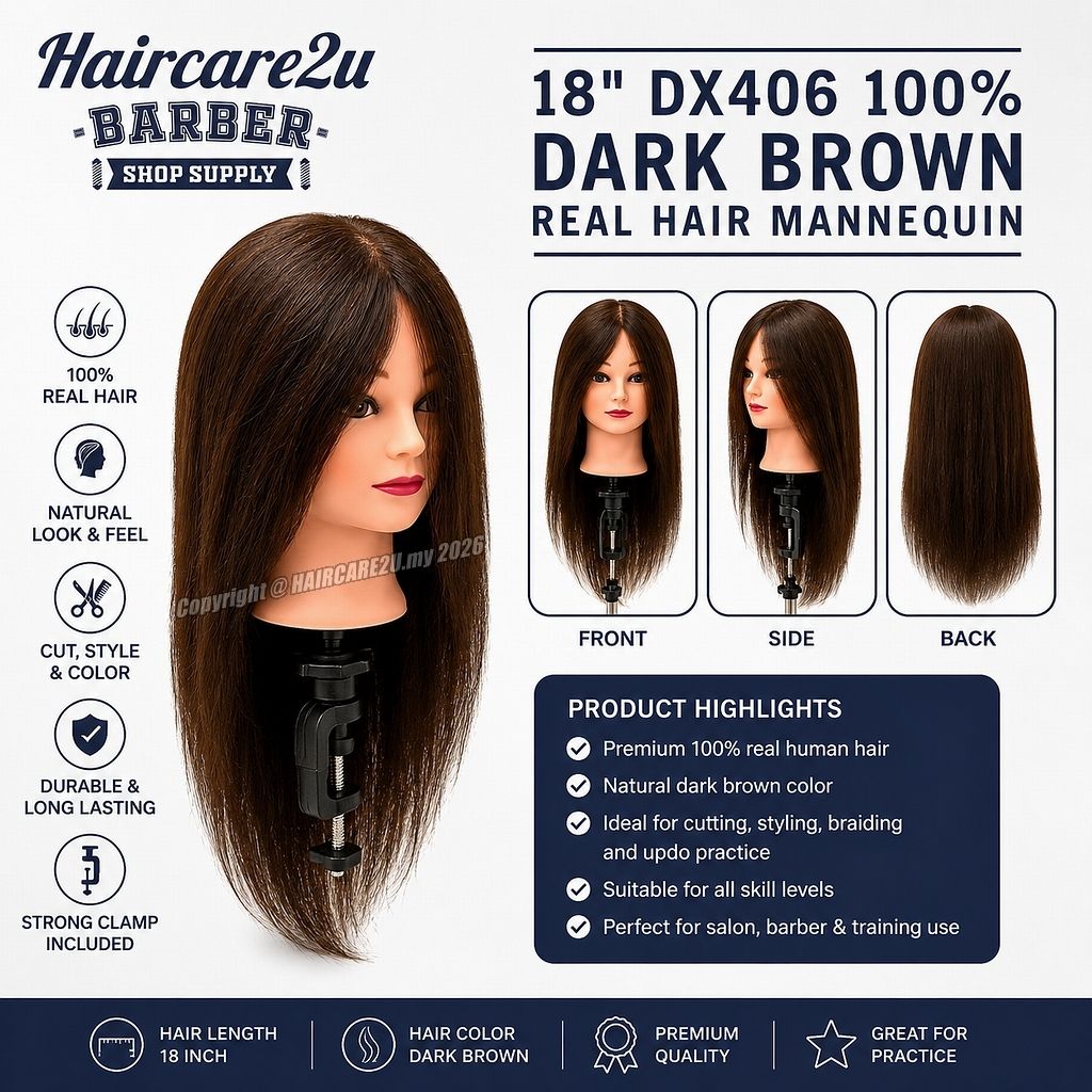 18 DX406 Professional 100% Real Hair Mannequin Head Dark Brown for Hairdressing Training