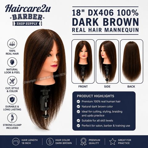 18 DX406 Professional 100% Real Hair Mannequin Head Dark Brown for Hairdressing Training