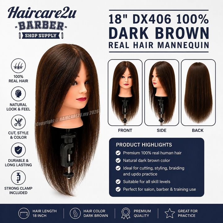 18 DX406 Professional 100% Real Hair Mannequin Head Dark Brown for Hairdressing Training