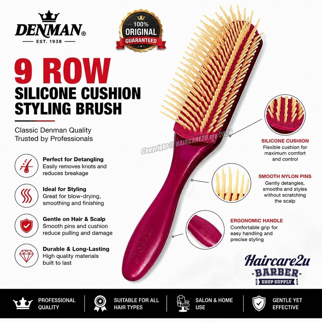Denman 9 Row Professional Styling Brush with Silicone Cushion & Nylon Pins