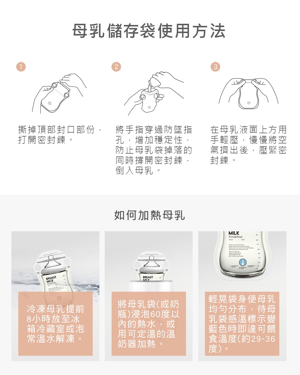 BAILEY指孔型母乳袋使用方式及母乳加熱方式