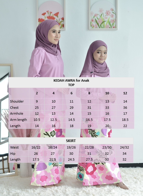 Size chart Kedah Awra Anak