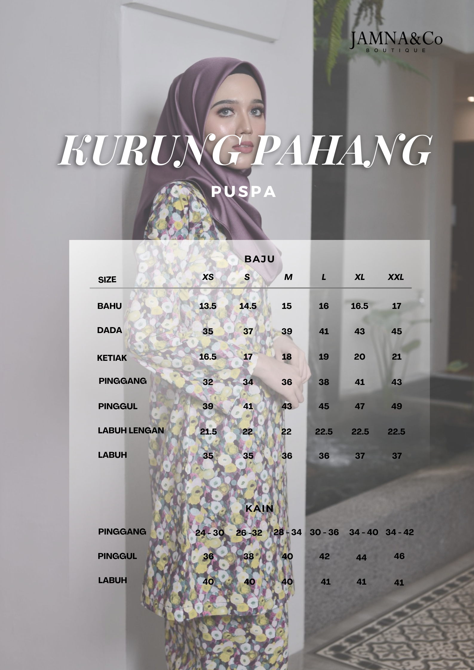 Size Chart Kurung Pahang Cotton Puspa