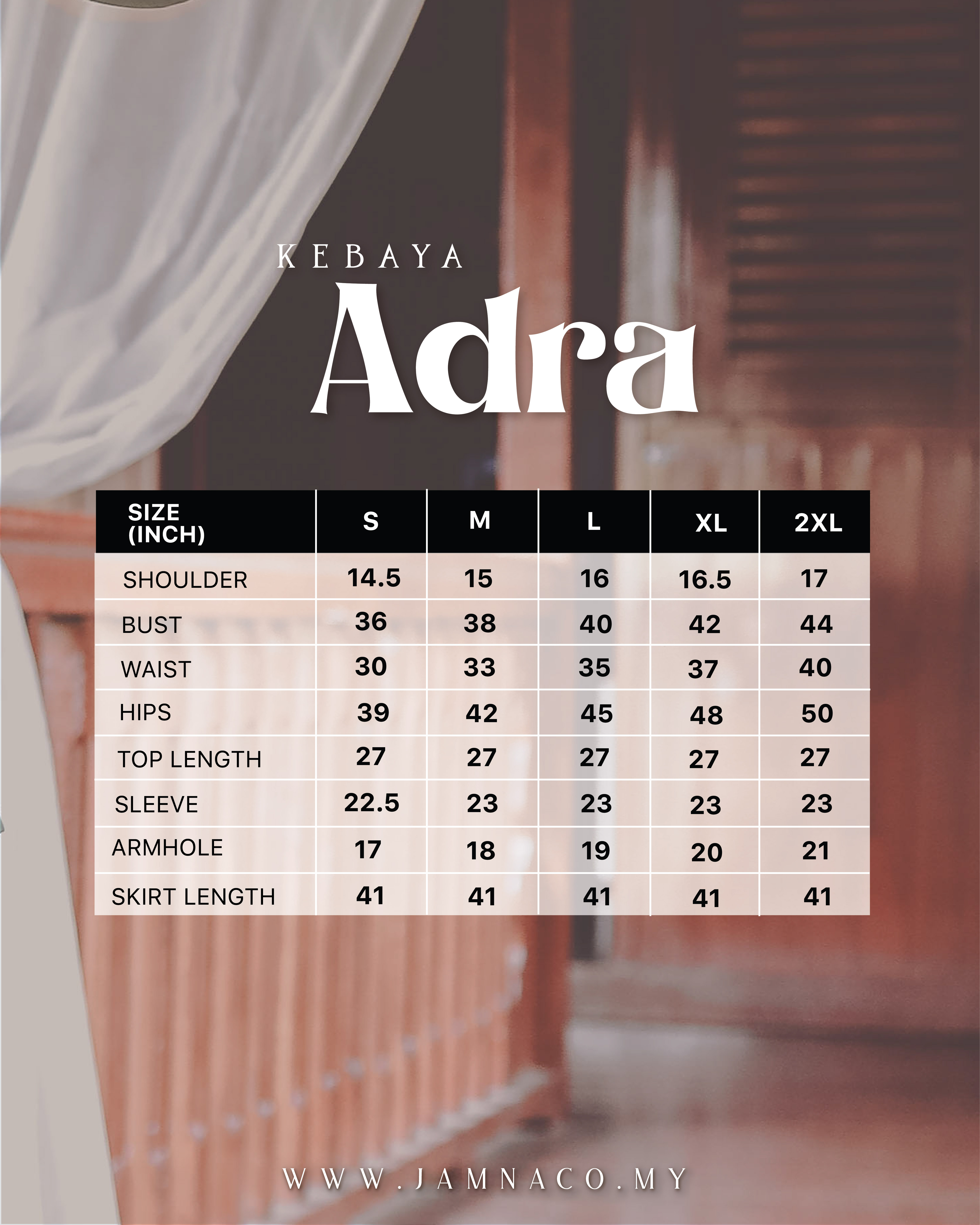 SIZE CHART KEBAYA ADRA