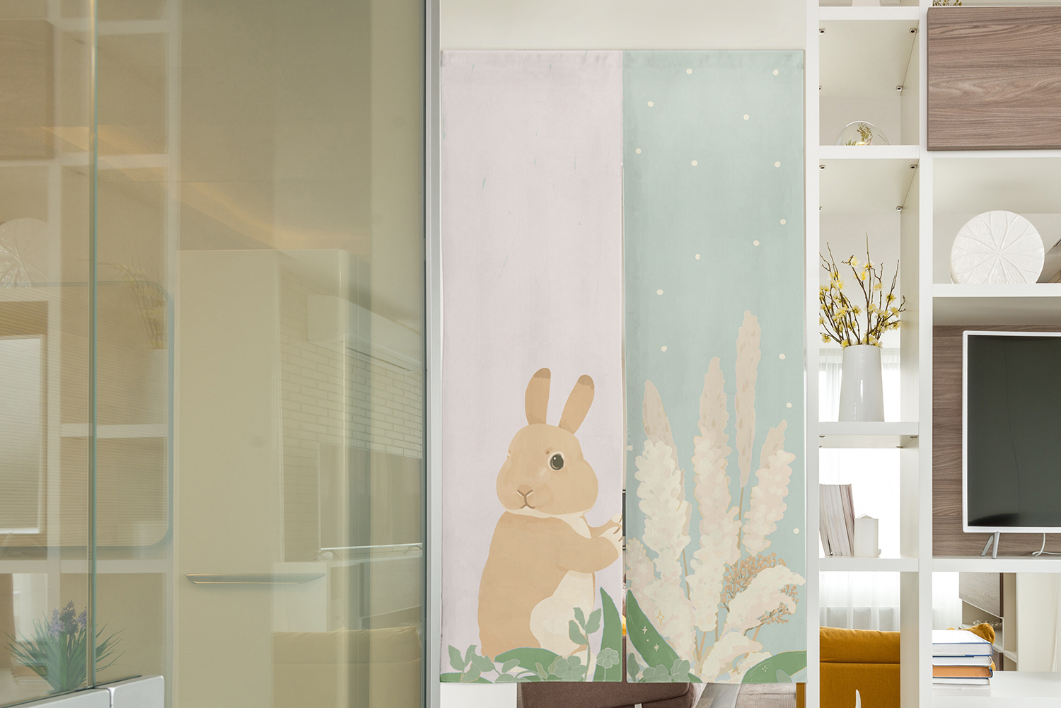 北歐風芒草兔子門簾 家居佈置 北歐風門簾掛簾風水門簾風水簾浴室門簾長門簾門簾北歐房間門簾對開門簾可愛門簾棉麻門簾