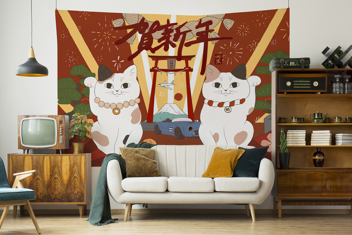 好運招財貓賀新年掛布 春節掛布 日式背景布 春節掛毯 新年佈置