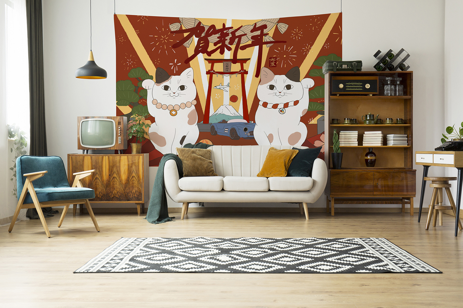 好運招財貓賀新年掛布 春節掛布 日式背景布 春節掛毯 新年佈置