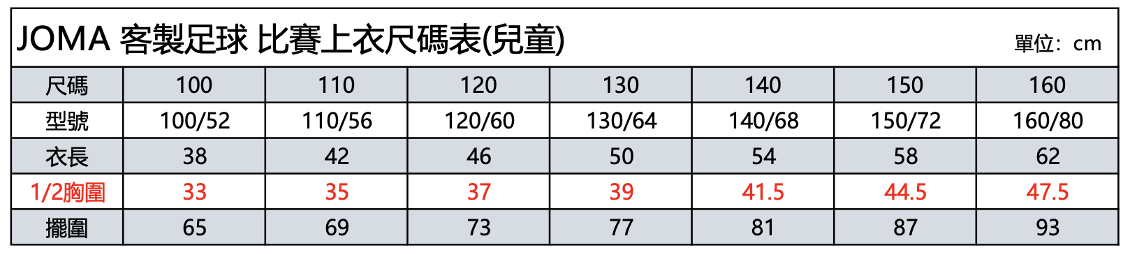 足球服上衣-兒童尺碼表