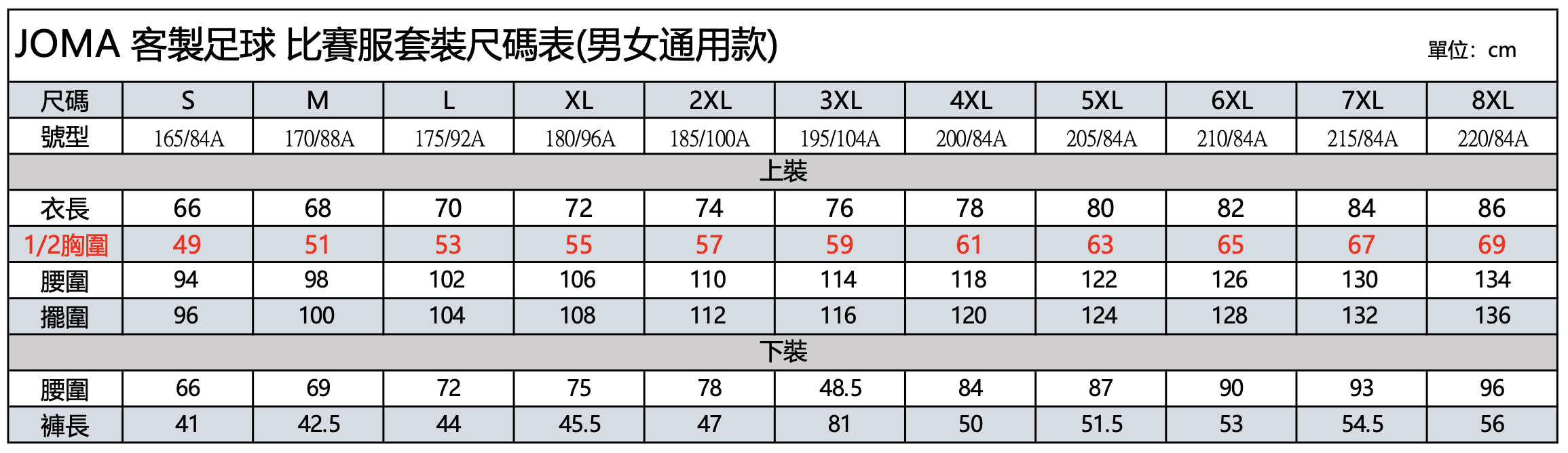 足球服套裝-男女通用款尺碼表