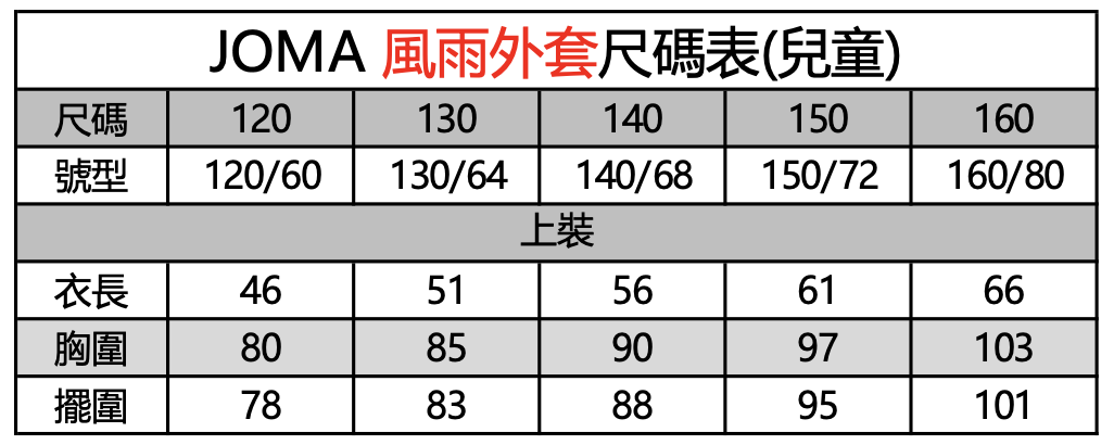 風雨外套尺碼表-兒童