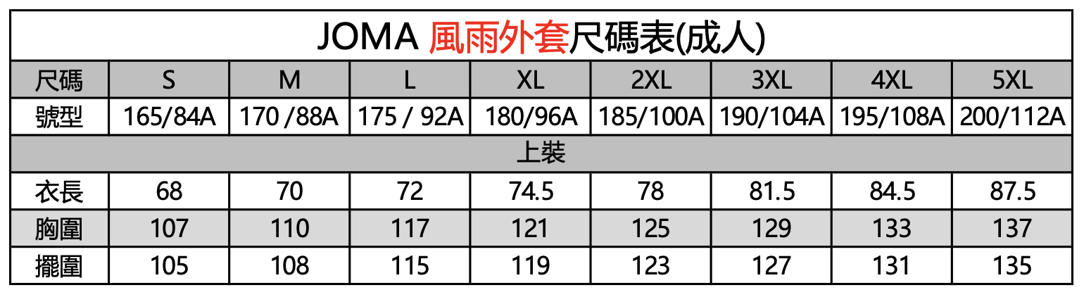 風雨外套尺碼表-成人
