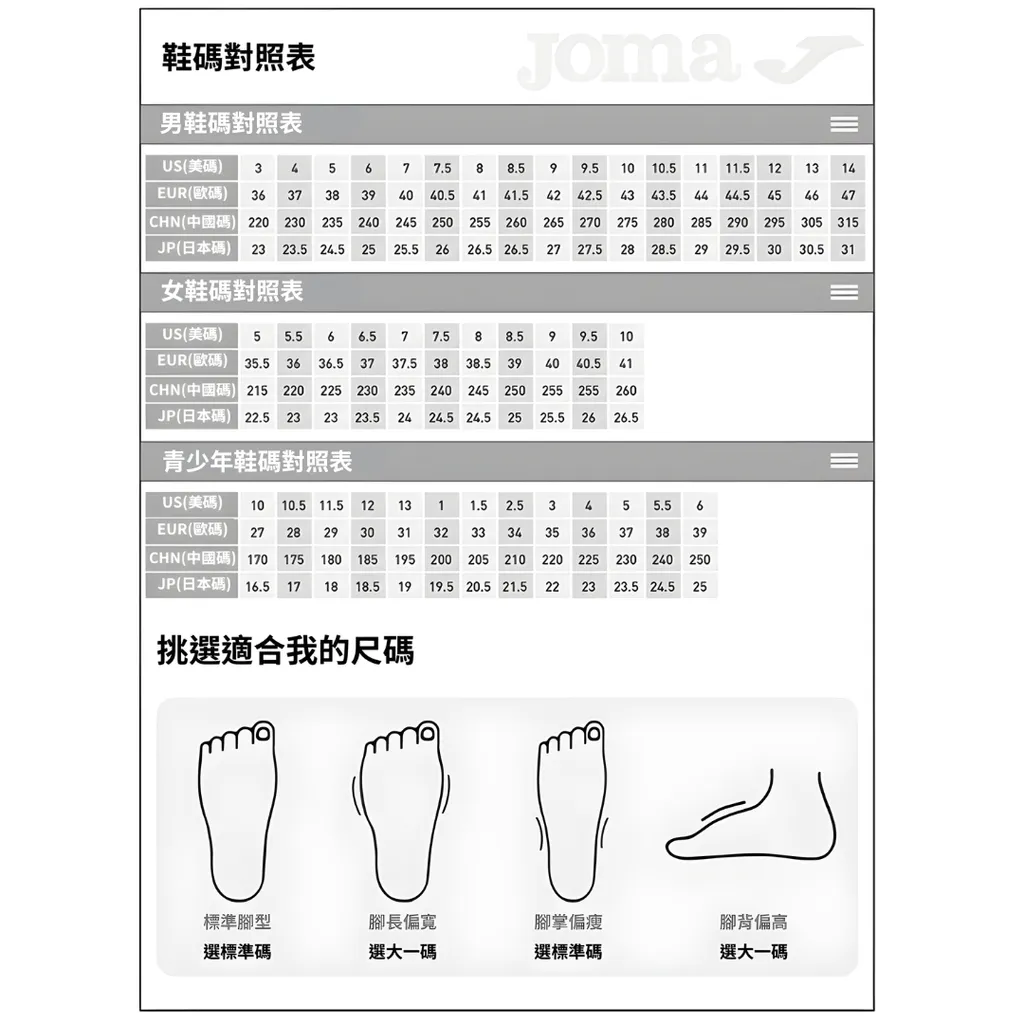 球鞋尺碼對照表
