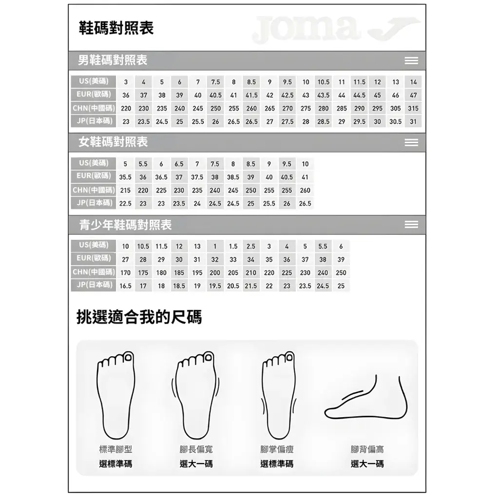 球鞋尺碼對照表