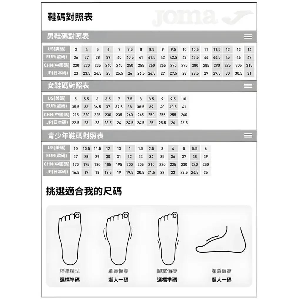 球鞋尺碼對照表