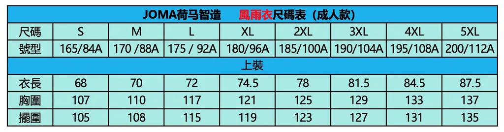 定製風衣尺碼表﹣成人款
