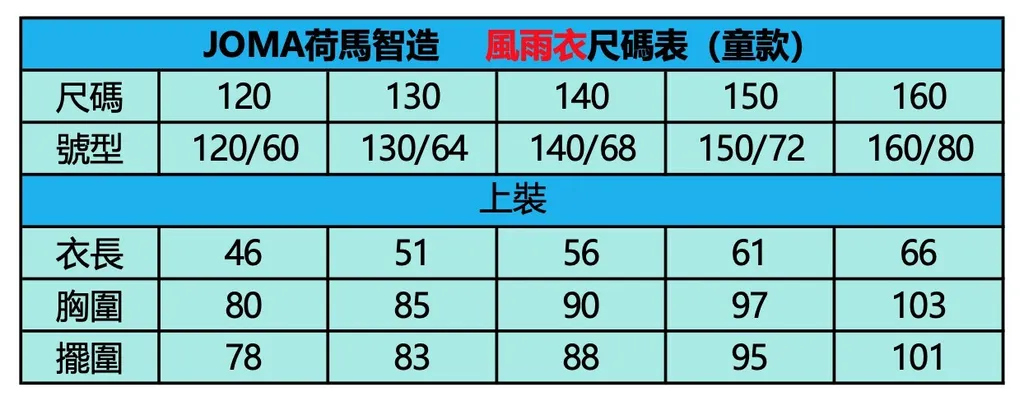 定製風衣尺碼表﹣兒童