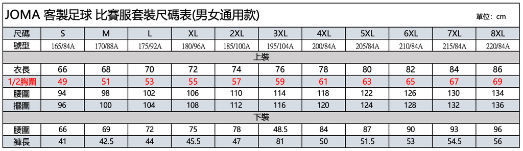 足球服套裝-男女通用款尺碼表
