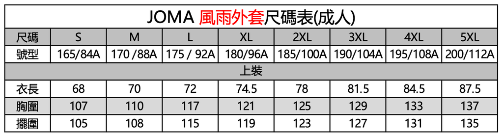 風雨外套尺碼表-成人