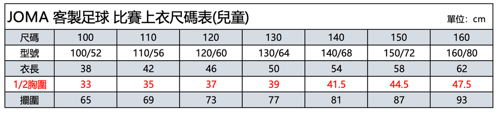 足球服上衣-兒童尺碼表
