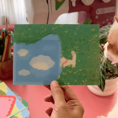 Lenticular Mini Print - Kucing, Bunga dan Awan