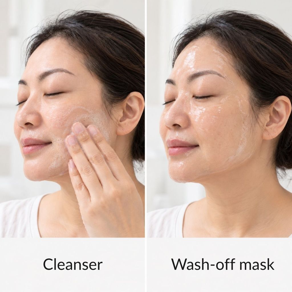 Woman using Encorium Glycolipid Barrier Relief as a cleanser on the left and as a wash-off mask on the right.