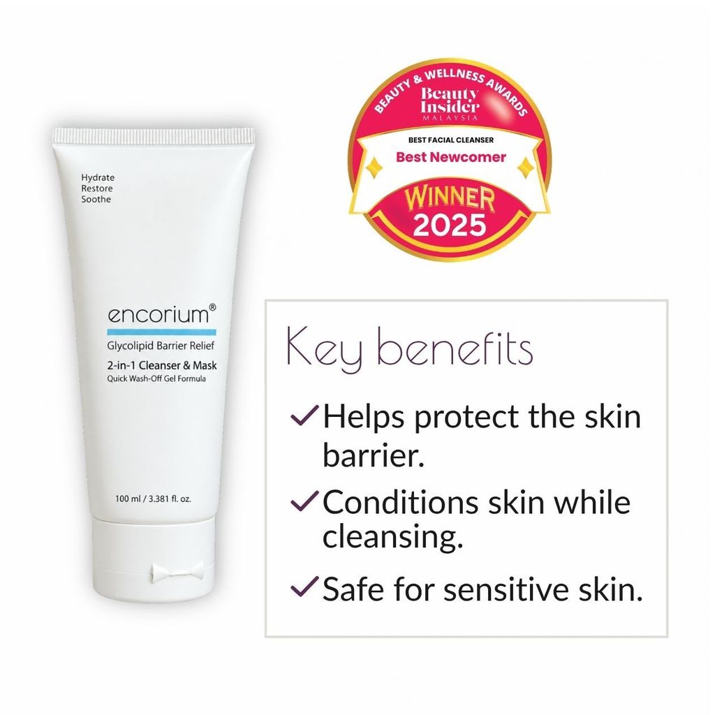 Encorium Glycolipid Barrier Relief, winner of Best Facial Cleanser and Best Newcomer at the Beauty Insider Malaysia Beauty & Wellness Awards 2025.