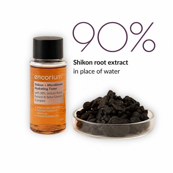 Encorium Shikon + Microbiome Hydrating Toner beside a glass dish of dried shikon root. 90% shikon root extract in place of water.