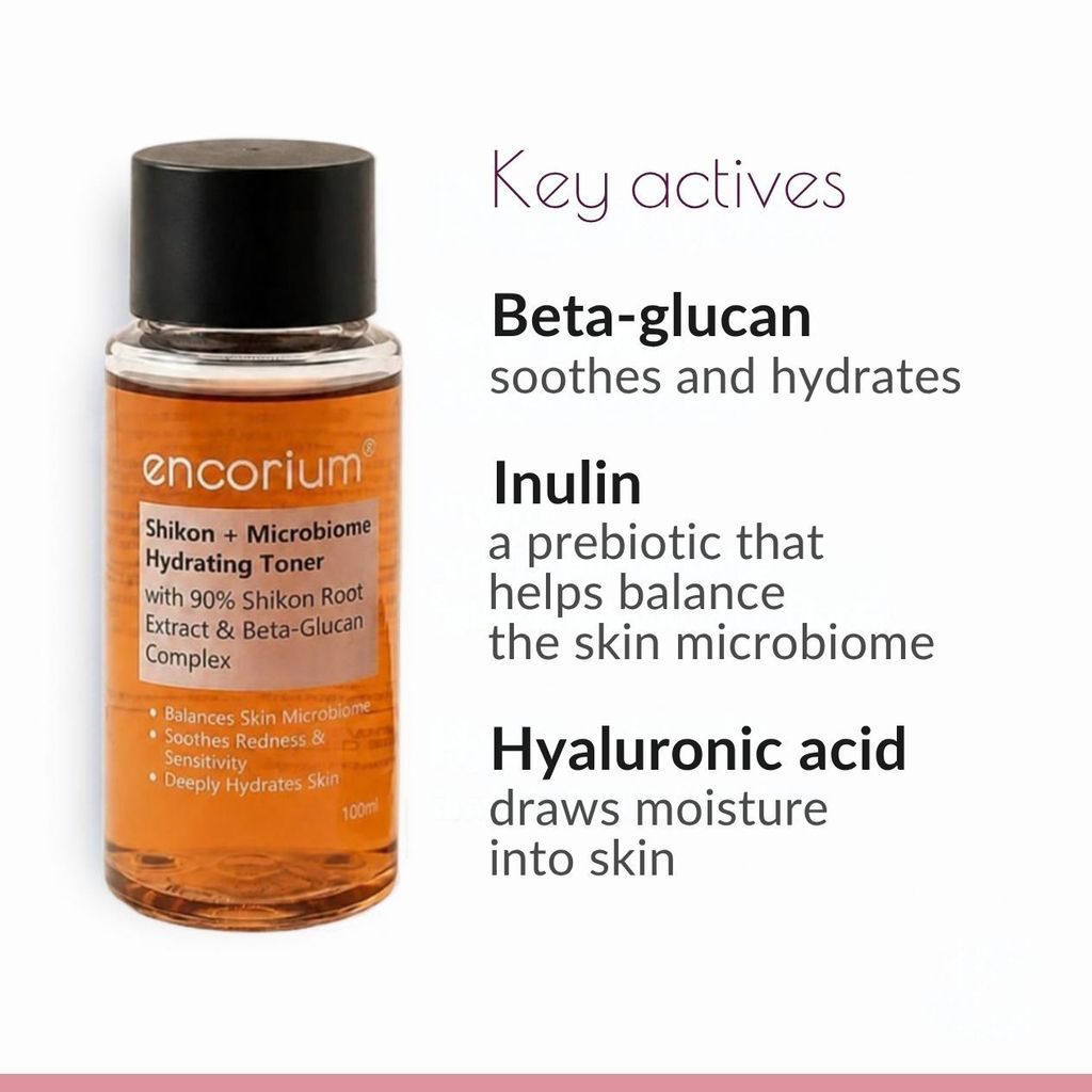 Encorium Shikon + Microbiome Hydrating Toner with key actives beta-glucan, inulin and hyaluronic acid.
