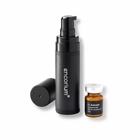 Encorium CE3 Brightening Buffet serum bottle with its C+ Activator vial of 18% L-ascorbic acid.