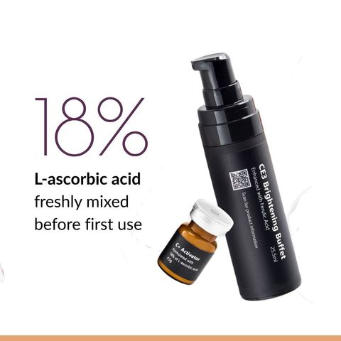Comparison: a typical vitamin C serum mixed in liquid from day one, versus Encorium CE3, kept separate until mixed so it's fresh from first use.