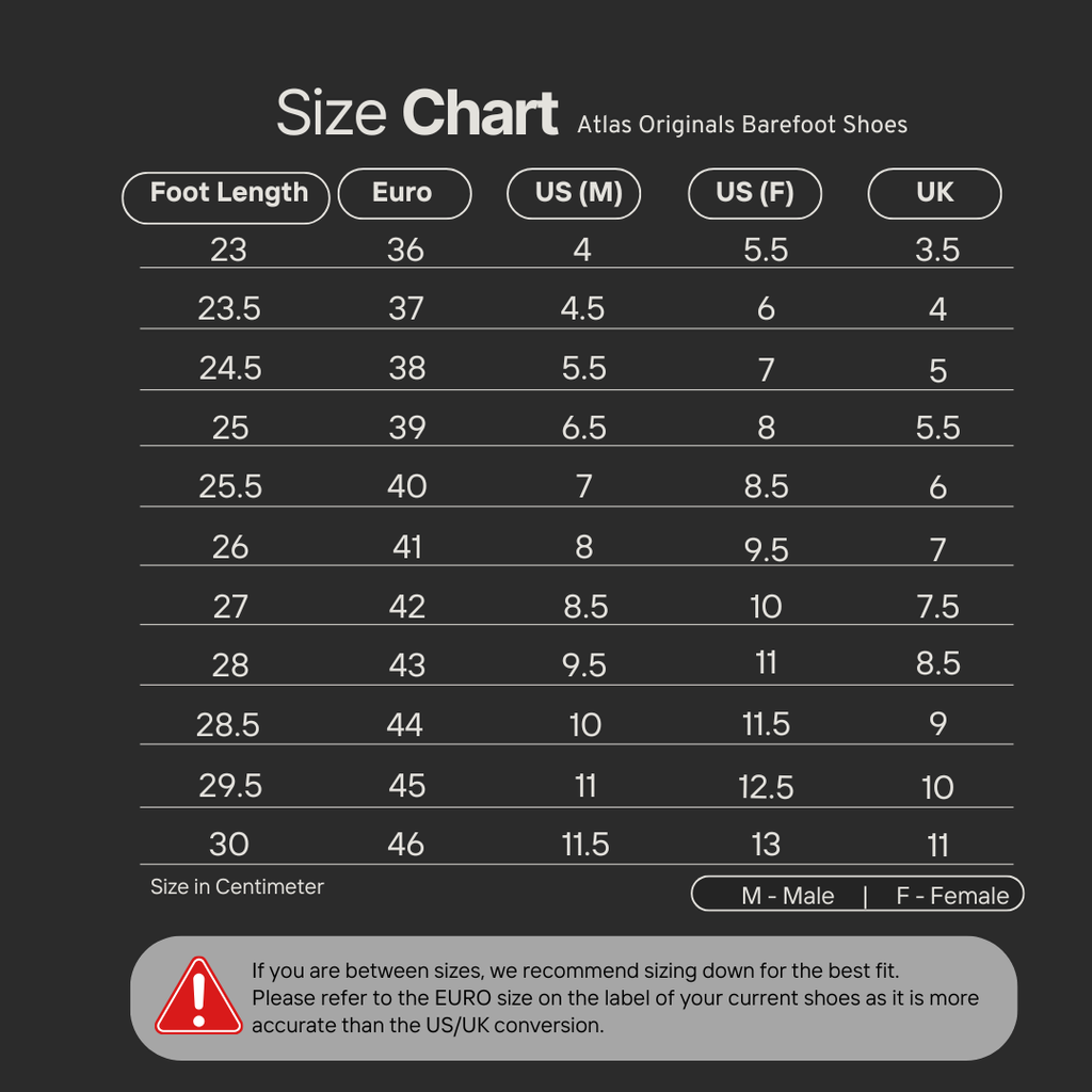 barefoot shoe size chart