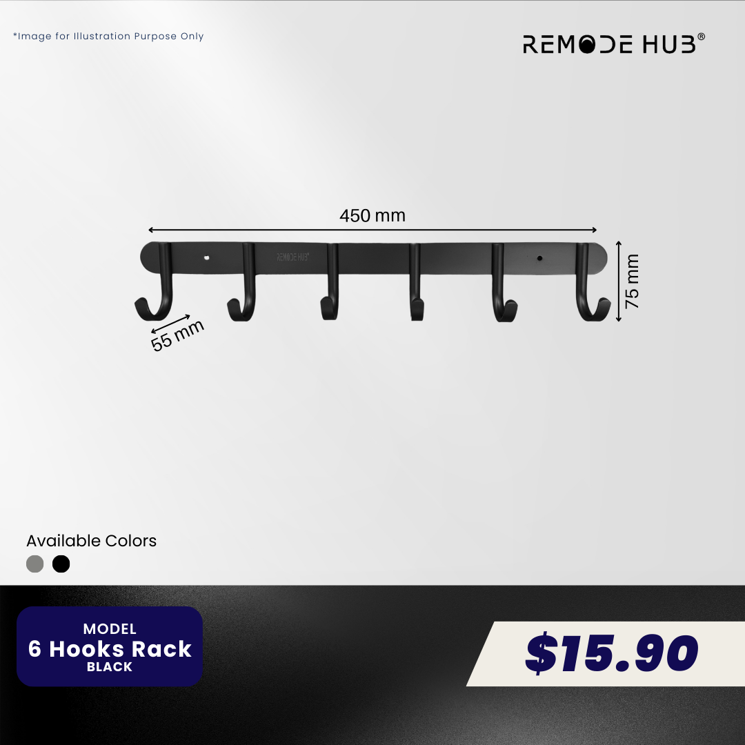 6 HOOKS RACK - BLACK